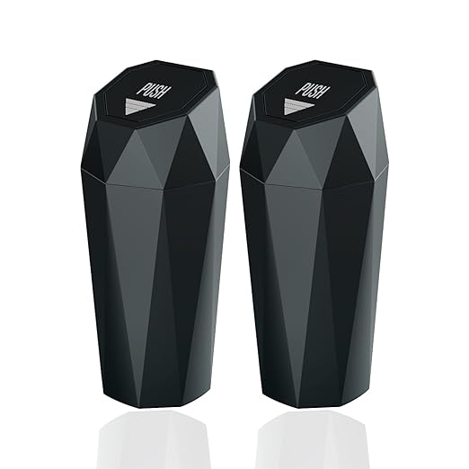 Car Trash Can with Lid，Mini Diamond Design Automatic Portable Trash Can，Small Trash Bin for Automotive Office Home Kitchen (2, Black)