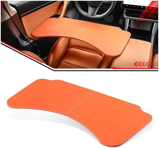 Leather Tray Table Folding Car Table Compatible with Tesla Model 3 Y – Multi-Use Dining Tray & Laptop Stand, Fits Front Driver & Passenger Seats,Orange