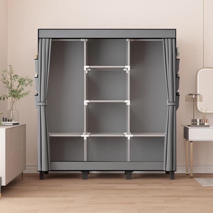Portable Wardrobe, Easy Hanging Closet 6 Side Pockets Large Capacity Clothes Organizer Comes with 2 Hanging Poles and Shelves