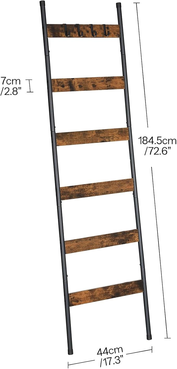 HOOBRO Blanket Ladder, 6-Tier Towel Rack with Hooks, Wall-Leaning Blanket Rack, Decorative Display Ladder Shelf, Scarves, Ind