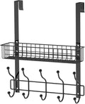 Coat Rack, Over The Door Hanger with Mesh Basket, Detachable Storage Shelf for Towels, Hats, Handbags, Coats (Black)