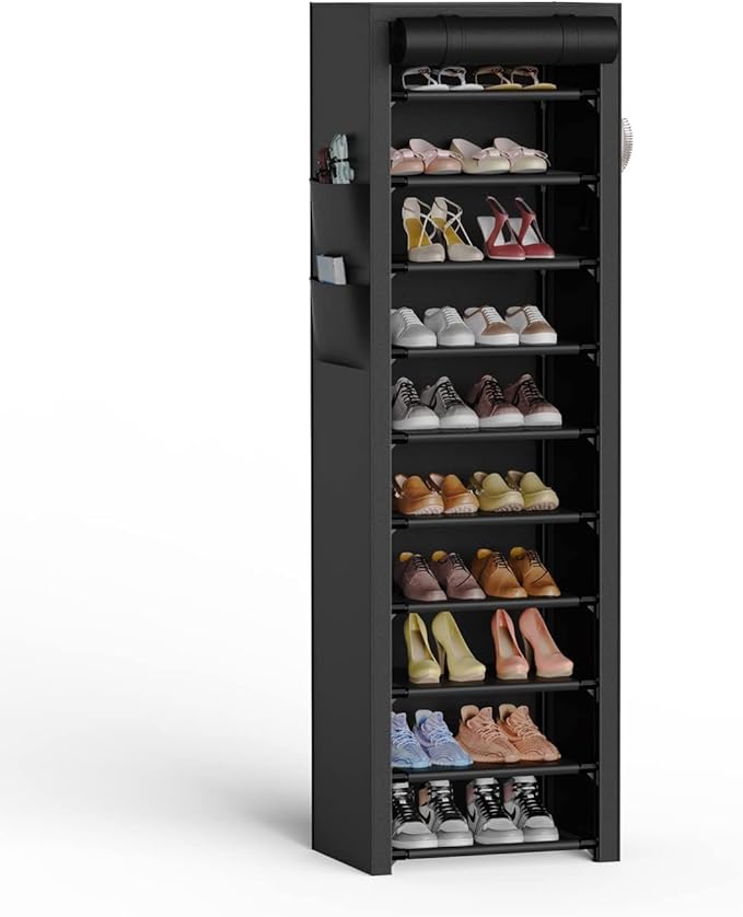 VTRIN Vertical Narrow Shoe Rack Organizer 10 Tier Tall Shoe Shelf Holds 20-22 Pairs with Non-Woven Dustproof Cover for Closet