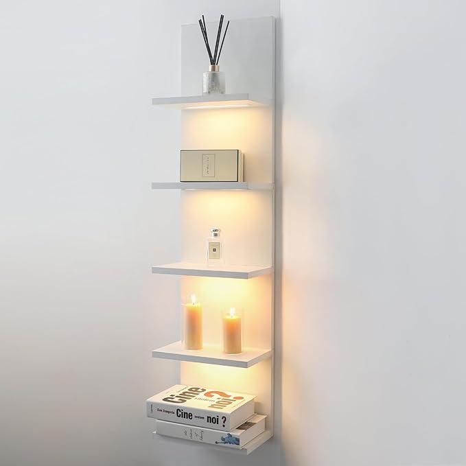 5 Tier Wall Shelf Unit, White Shelves,Lack Shelf, Wall Shelves for Bedroom，Office,Bathroom, Vanity Shelves with LED Light