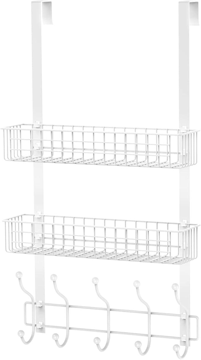 Coat Rack, Over The Door Hanger with Mesh Basket, Detachable Storage Shelf for Towels, Hats, Handbags, Coats (White-2 Baskets