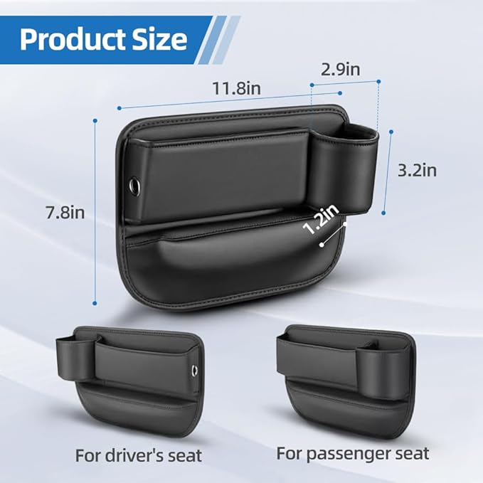 Leather Car Seat Gap Organizer, 2 Pack Adjustable Car Seat Storage Box, Car Gap Bag for Phones, Glasses, Keys, Cards(Black Driver's Passenger)
