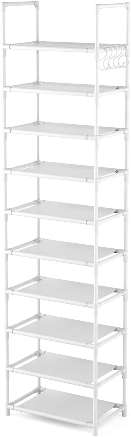 LANTEFUL 10 Tiers Tall Shoe Rack 20-25 Pairs Boots Organizer Storage Sturdy Narrow Shoe Shelf for Entryway, Closets with Hook