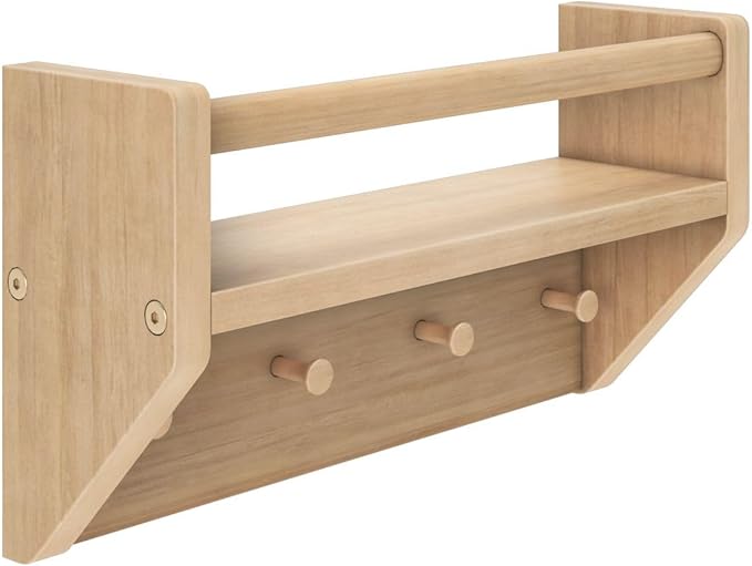 Max & Lily Wall Shelf with Pegs, 16 Inch Floating Bookshelf for Kids Room, Solid Wood Wall-Mounted Storage Shelf with Hooks f