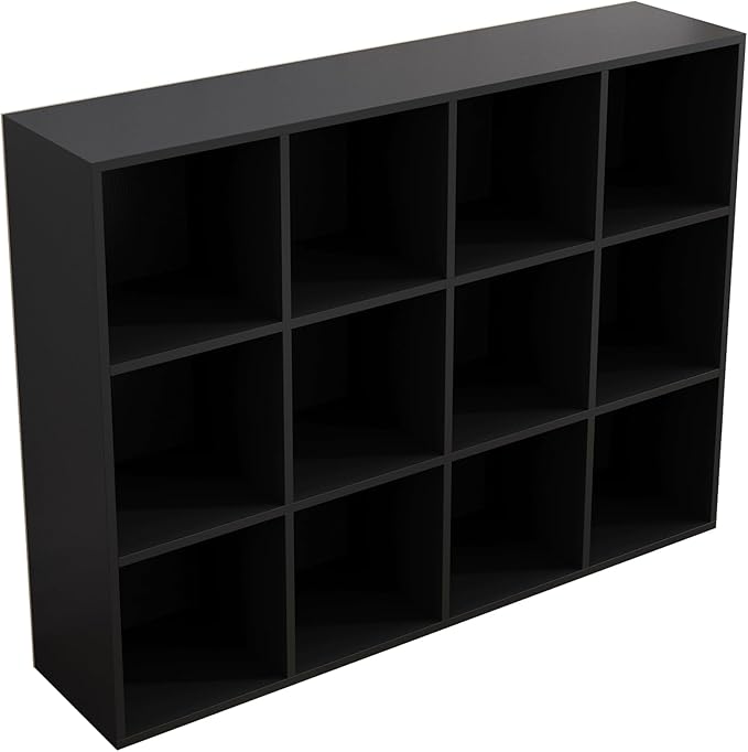 OSCHF 12-Cube Storage Shelf Bookcase - Wooden 3-Tier Floor Standing Open Bookshelf for Home and Office, Display Cabinet, Blac