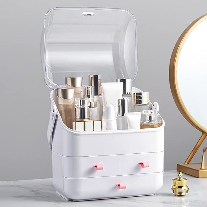 LINFIDITE Cosmetic Storage Box with Lid Makeup Organizer Box with Dust Free Cover Portable Handle,Large Makeup Display Case w