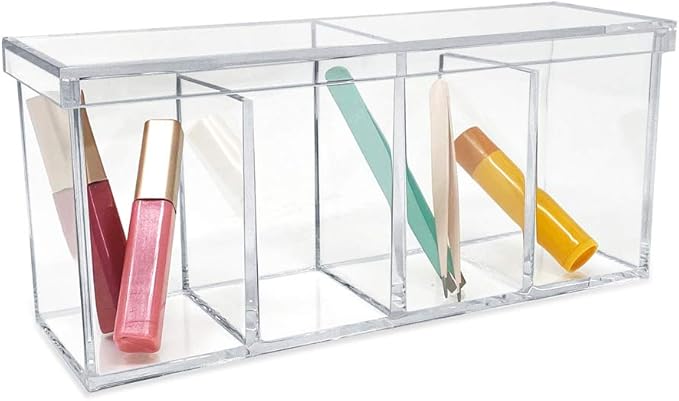 Isaac Jacobs 2-Pack 4-Compartment Clear Acrylic Organizers with Lid (9” L x 3” W x 4” H), Makeup Brush Holder, Sectional Tray