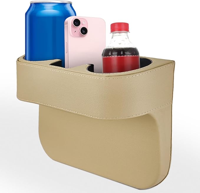 Car Cup Holder, Auto Front Seat Organizer, Multifunctional Cup Drink Holders with PU Leather Cover, Gap Filler Storage Box Coin Bucket Console Side Pocket Cell Mobile Phone Holder (Beige)