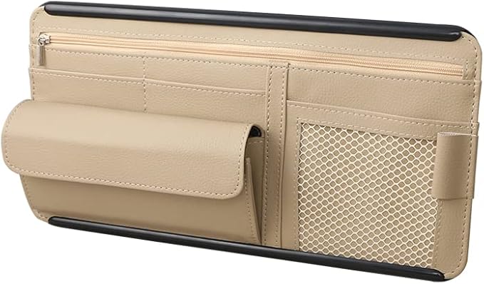 JEYODA Car Sun Visor Organizer Auto Car Visor Pocket and Interior Accessories Car Storage Organizer with Multi-Pocket Net Zippers (Style 2-Beige) 1942