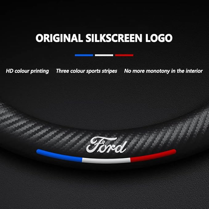 Customized Steering Wheel Cover Compatible with Ford, Nappa Leather & Carbon Fiber Design Car Steering Wheel Cover, with Coasters and 3-in-1 USB Fast Charging Cable (Black)
