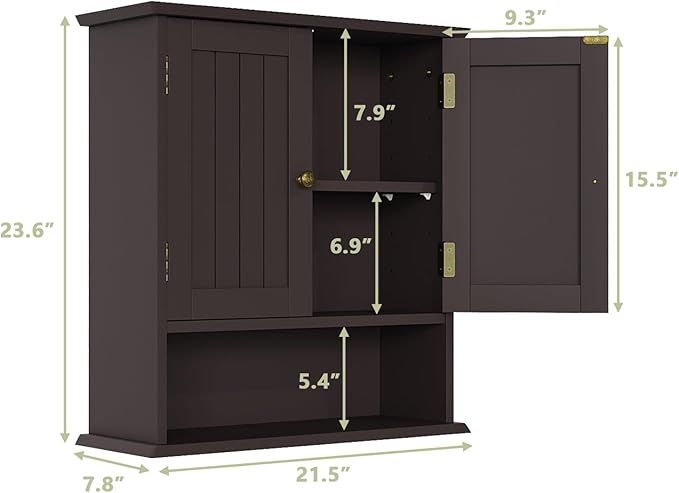 Smuxee Brown Bathroom Cabinet Wall Mounted, Small Medicine Cabinet with 2 Door Adjustable Shelves, Wall Cabinet Over Toilet f