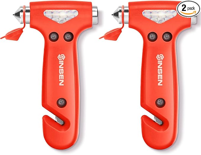 SENSEN Window Breaker Seatbelt Cutter, Car Emergency Escape Tool to Break Glass, Safety Hammer, 3-in-1, 2 Pack, Orange