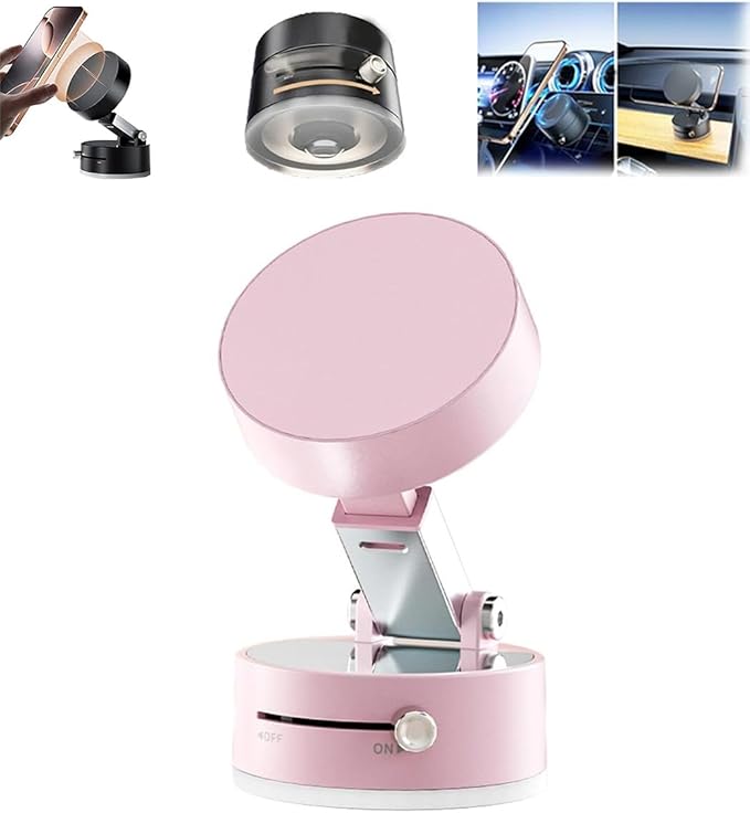 Foldable Magnetic Vacuum Phone Holder, 360° Electric Suction Car Mount, Double-Sided Swivel Stand for Car, Mirror, Gym, Kitchen, Hands-Free Portable Phone Holder (Pink)