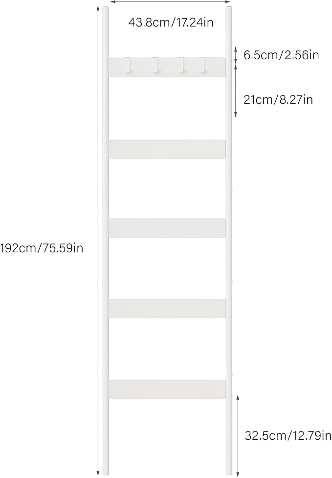 Blanket Ladder, 5-Tier Towel Holder with 4 Removable Hooks, Farmhouse Wall Leaning Decorative Rack Shelf, Wooden Towel Displa