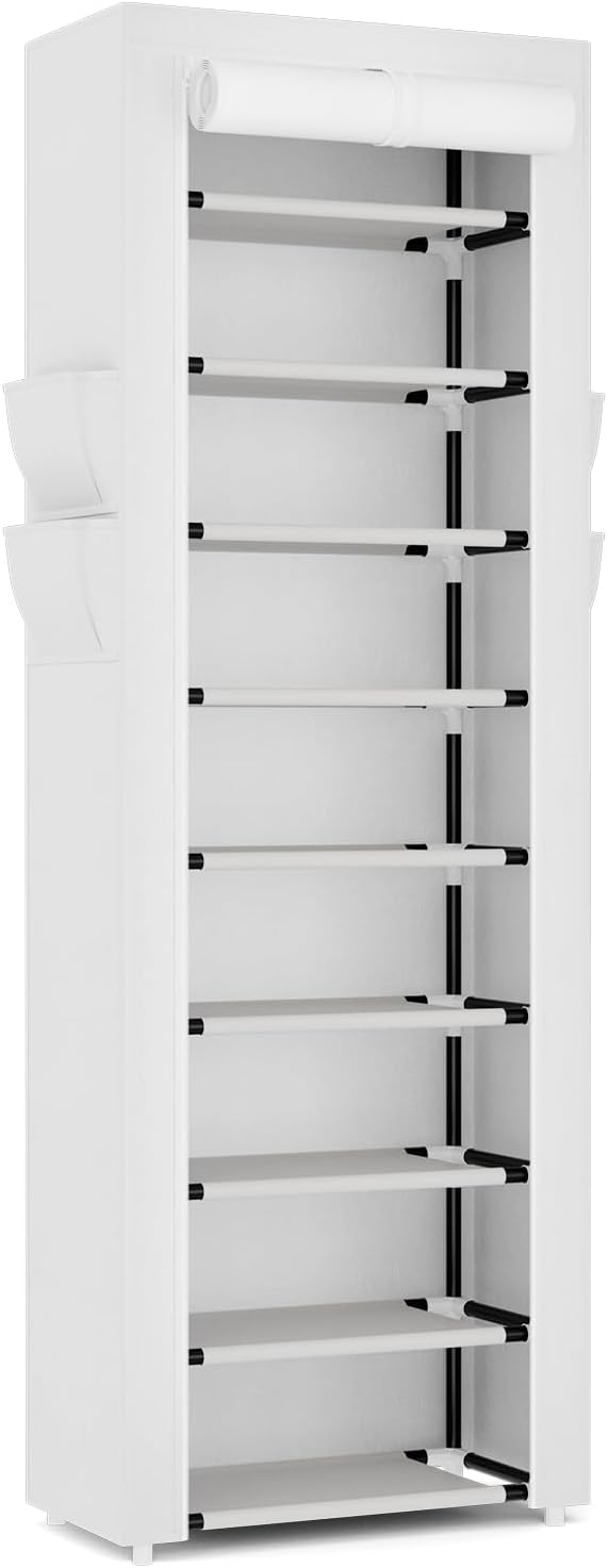VILICK Shoe Rack with Cover Narrow Shoe Rack Organizer with 4 Side Pockets 10 Tier Tall Shoe Storage Shoe Shelf Holds 18-22 P