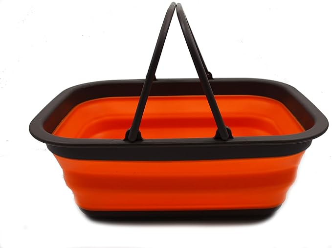 SAMMART 9.2L (2.37Gallon) Collapsible Tub with Handle - Portable Outdoor Picnic Basket/Crater - Foldable Shopping Bag - Space Saving Storage Container (1, Brown/Orange)