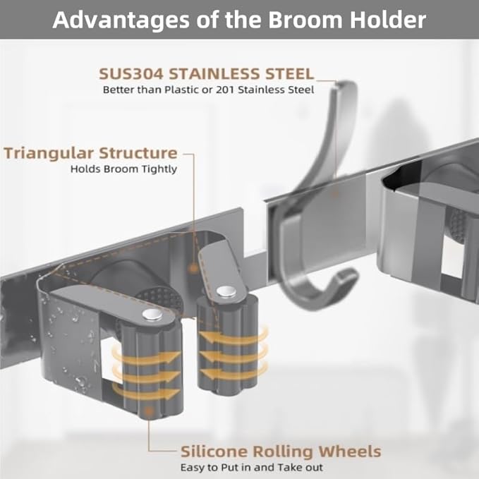 Broom Holder Over The Door Over Door Broom and Mop Rack Over The Door Hooks Organizer With4 Slots & 3 Hooks 1 Storage Basket 