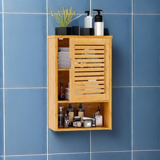 VIAGDO Bathroom Wall Cabinet, Wooden Medicine Cabinet with Single Door and Adjustable Inner Shelf, Bamboo Storage Cabinet Wal