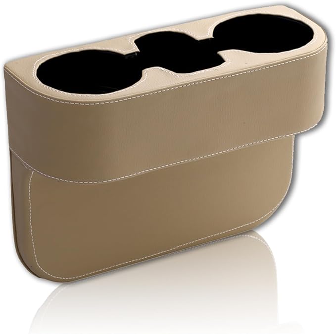 Car Cup Holder, PU Leather Auto Front Seat Organizer, Multifunctional Cup Drink Holders, Gap Filler Storage Box Coin Bucket Console Side Pocket Cell Mobile Phone Holder (Beige)
