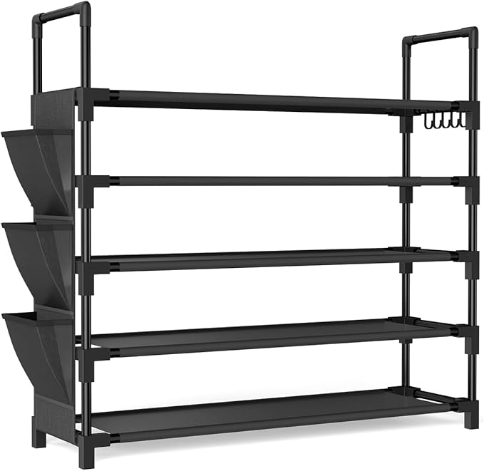5 Tier Shoe Rack, Shoe Organizer Storage for 20-25 Pair Boot and Sneaker, Stackable Free Standing Shoe Shelf with Hooks and S
