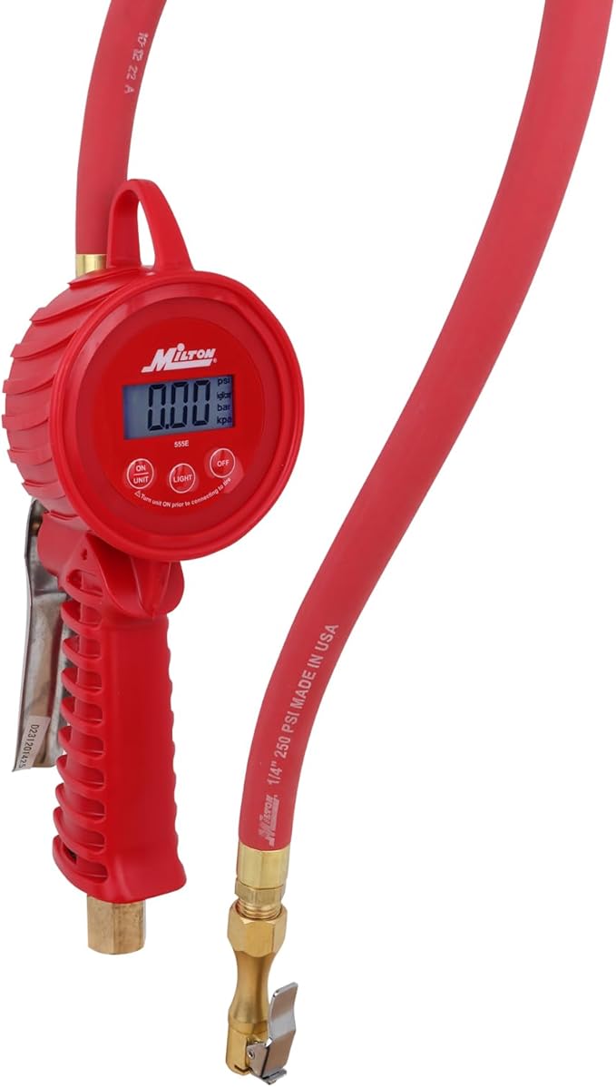 Milton 555e: Precision Digital Tire Inflator, Air Pressure Gauge, Grip-Head Air Chuck, 20" Hose, 1/4" Npt, W/Extreme ± 0.1& Accuracy, 10-120 Psi
