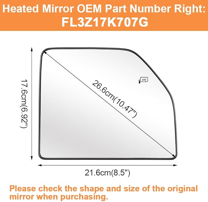 Senzeal Passenger Side Heated Upper Mirror Glass Replacement for Ford F150 2015-2020 Ford F250 F350 F450 F550 2017-2022 Tow Mirror FL3Z17K707G (Right Side)