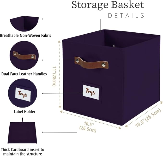DECOMOMO Storage Bins, Cube Storage Bin with Labels, Fabric Storage Cubes for Shelves (10.5" x 11" / 6pcs, Deep Violet)