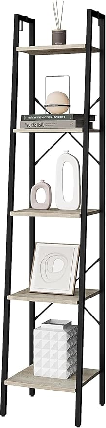 Hzuaneri Ladder Shelf, Bookshelf Bookcase, Freestanding Corner Storage Shelve with 2 Hooks for Home Office, Living Room, Kitc