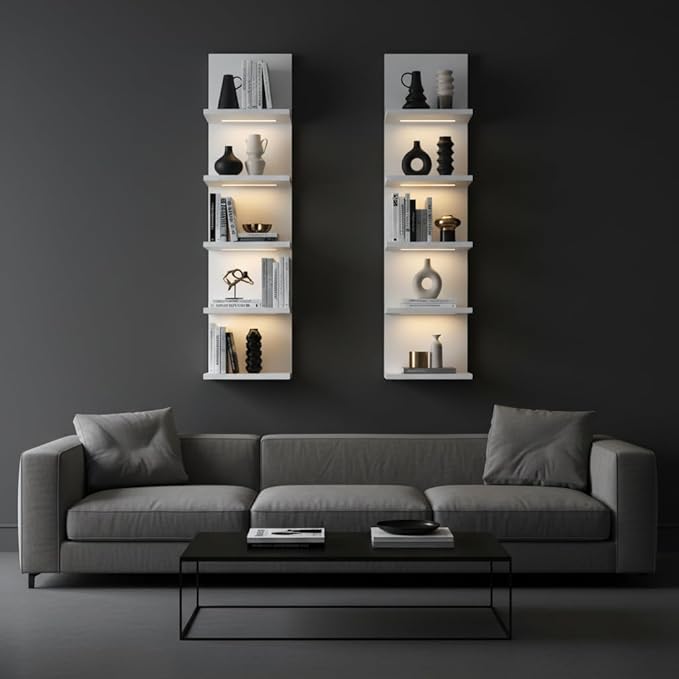 5 Tier Wall Shelf Unit, White Shelves,Lack Shelf, Wall Shelves for Bedroom，Office,Bathroom, Vanity Shelves with LED Light