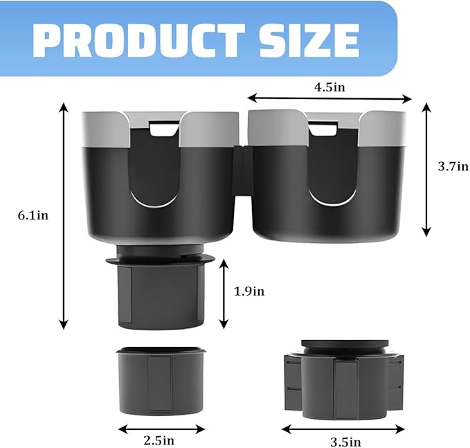 Car Double Cup Holder Expander, 2 in 1 Multifunctional Vehicle Cup Holder Adapter with Adjustable Base, Auto Drink Bottles Ex