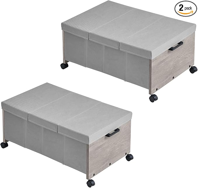 Under Bed Storage with Wheels,Under Bed Drawers Heavy Duty, 2 Packs, Wooden Under Bed Storage Containers Organizer, Metal Fra