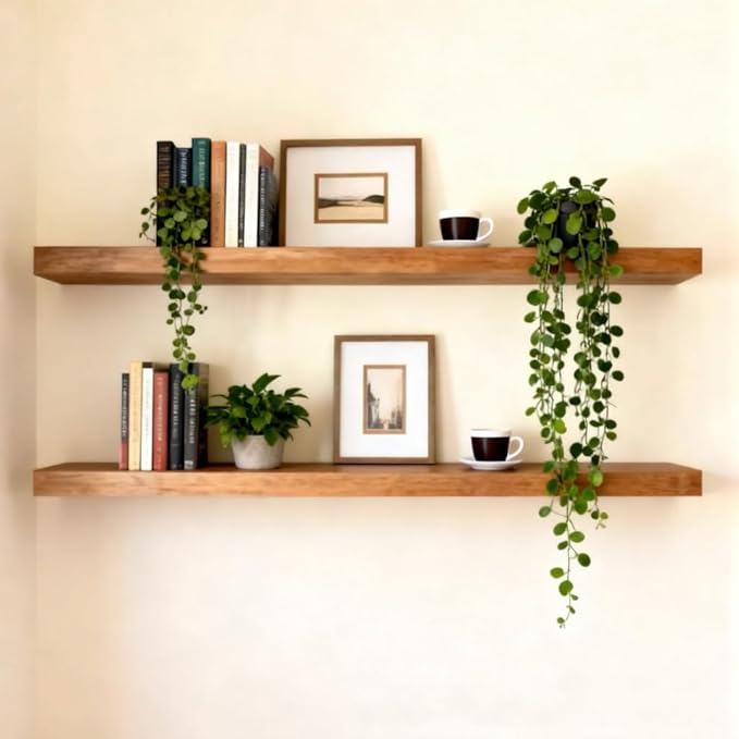 ROGMARS 36 Inches Long Walnut Floating Shelves,Rustic Solid Wood Farmhouse Wall Shelves with Invisible Brackets for Bathroom,