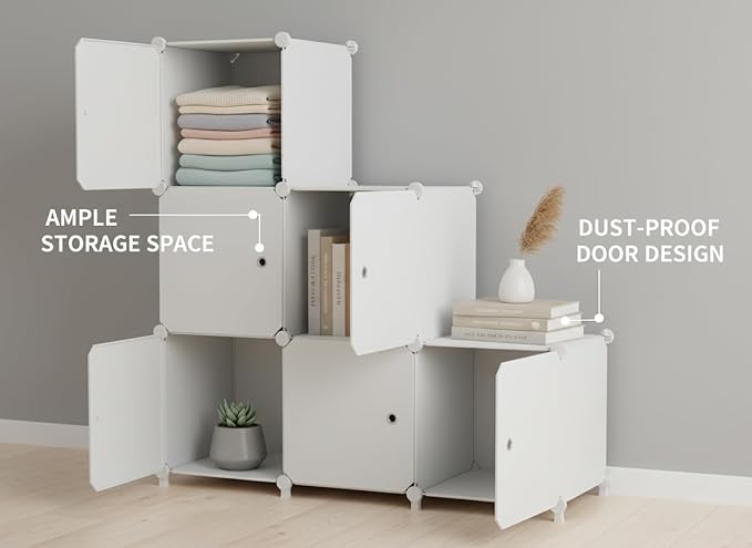 Cube Storage Organizer, 6-Cube Shelves Unit with Doors, DIY Stackable Plastic Clothes Organizer for Bedroom and Under Stairs 