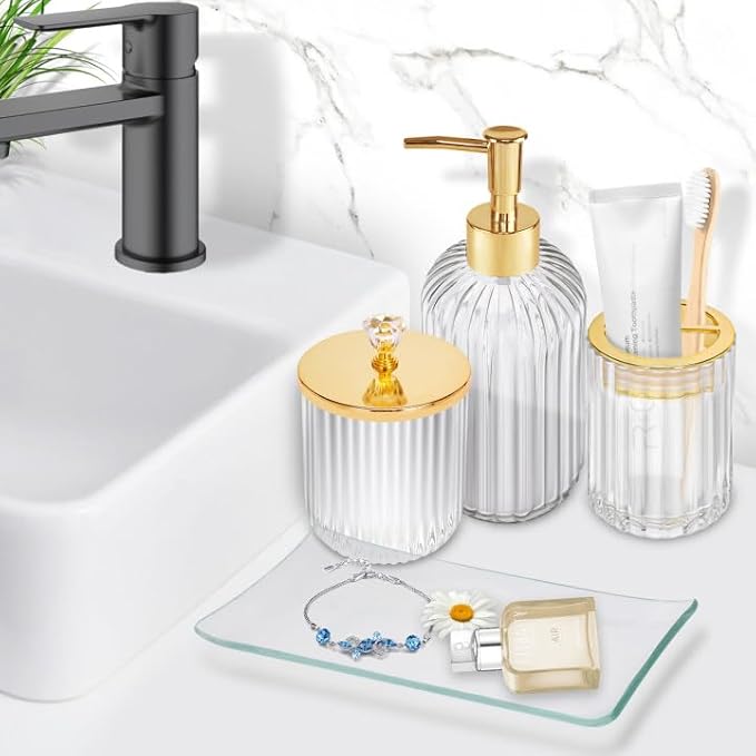 Gold Bathroom Accessories 4Pcs of Glass Bathroom Counter Organizer Set,Toothbrush Holders, Soap Dispenser, Apothecary Jar, Va
