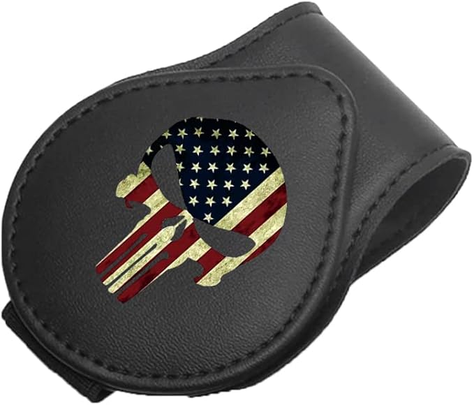 Sunglasses Holder for Car, Leather Glasses Frame, Eyeglass Hanger Card Clip for Car Sun Visor,Sunglasses Holder for Universal Car Visor(American Flag Skull A)