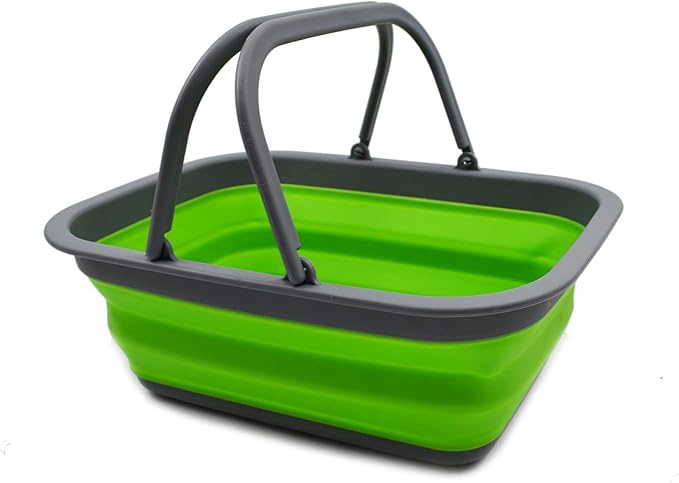 SAMMART 9.2L (2.37Gallon) Collapsible Tub with Handle - Portable Outdoor Picnic Basket/Crater - Foldable Shopping Bag - Space Saving Storage Container (1, Dark Grey/Green)
