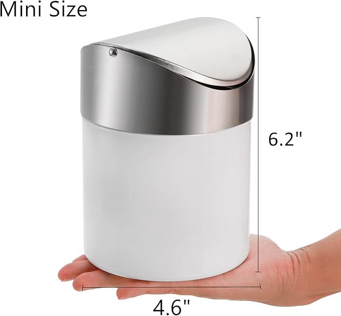 ZOOFOX 2 Pack Mini Trash Can, White Stainless Steel Garbage Bin with Swing Lid, Small Countertop Trash Can for Home, Office, Kitchen, Vanity Tabletop, Bedroom, Car