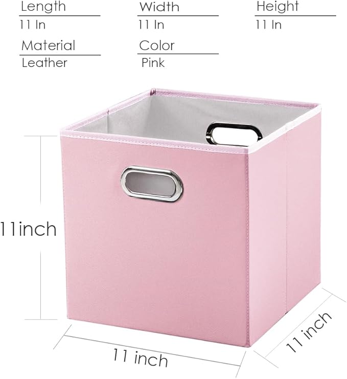 PRANDOM Leather Foldable Cube Storage Bins 11x11 inch [4-Pack] Fabric Storage Baskets Cubes Drawer with Cotton Handles Organi