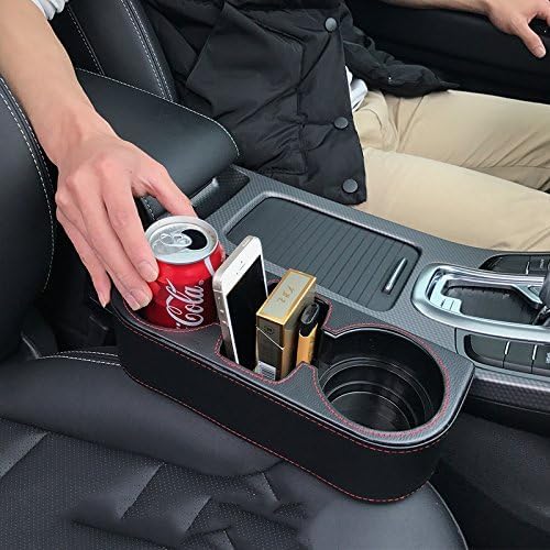 IOKONE Car Cup Holder, Auto Cup Drink Holders，Multifunctional Auto Front Seat Organizer with PU Leather Cover, Gap Filler Storage Box Coin Bucket Console Side Pocket Cell Mobile Phone Holder (Black)