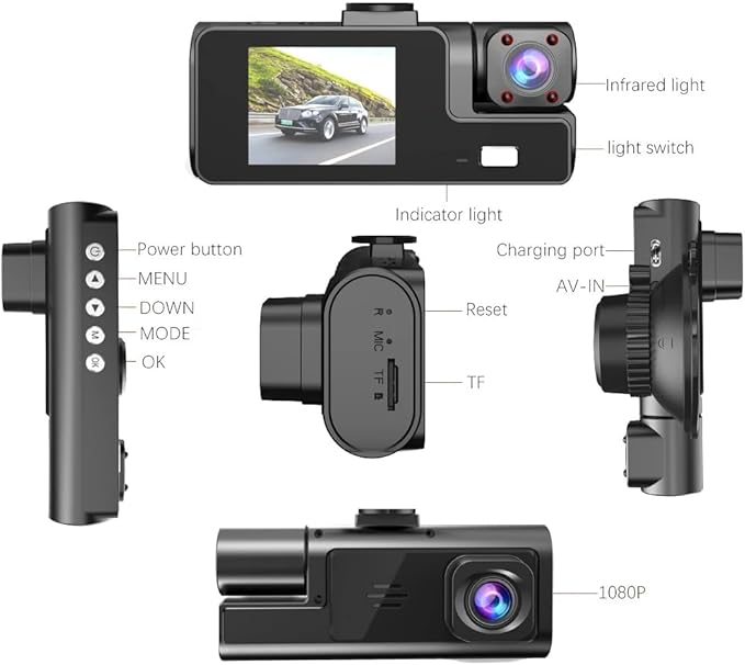 1080P 3Channel Dash Camera for Car Front and Rear Inside Dashcam Car Video Recorder,170°Wide Angle Vehicle Cam,WDR,G-Sensor,2