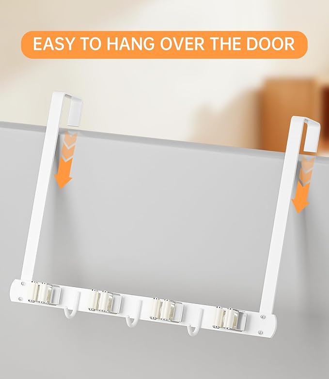 Broom Holder Over The Door - 304 Stainless Steel Mop and Broom Holder Wall Mounted or Hanging Over The Door with Hooks - Broo