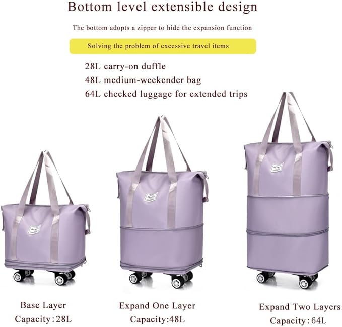 Expandable Foldable Duffel Bag with Detachable Wheels, 64L Large Capacity Rolling Travel Duffle Bag, Lightweight Carry on Luggage with Spinner Wheels, Weekend Gym Tote Bag (Light Purple)