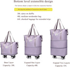 Expandable Foldable Duffel Bag with Detachable Wheels, 64L Large Capacity Rolling Travel Duffle Bag, Lightweight Carry on Luggage with Spinner Wheels, Weekend Gym Tote Bag (Light Purple)