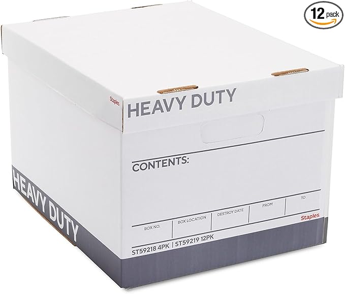 Staples Storage & Filing Box, Heavy-Duty with Handles & Removable Lid, Letter & Legal Size Documents, Stackable, 12-Pack, Whi