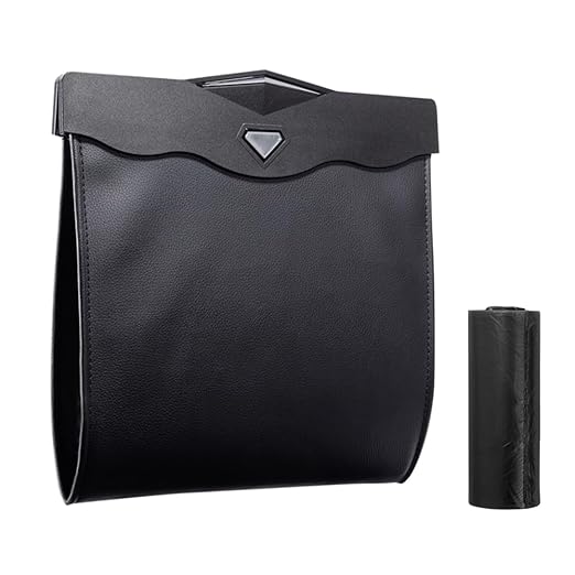 XSUPER Hanging Trash Bag with Smart LED, Magnetic Car Can, Waterproof PU Leather Garbage Can, Multipurpose Garbage Bag for Back Seat with 15 Disposable Bags, Black