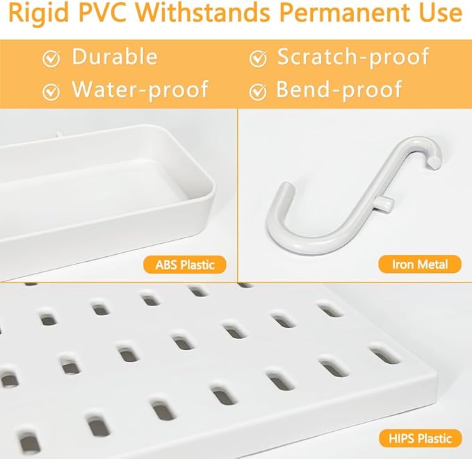 16pcs Pegboard sets, Plastic White Peg board Wall Organizer Kits,4pcs Peg Board and 12 Accessories Modular Hanging, Wall Moun