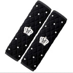 2 Pcs Plush Car Seat Belt Cover Shoulder Pad with Rhinestone Crown - Black
